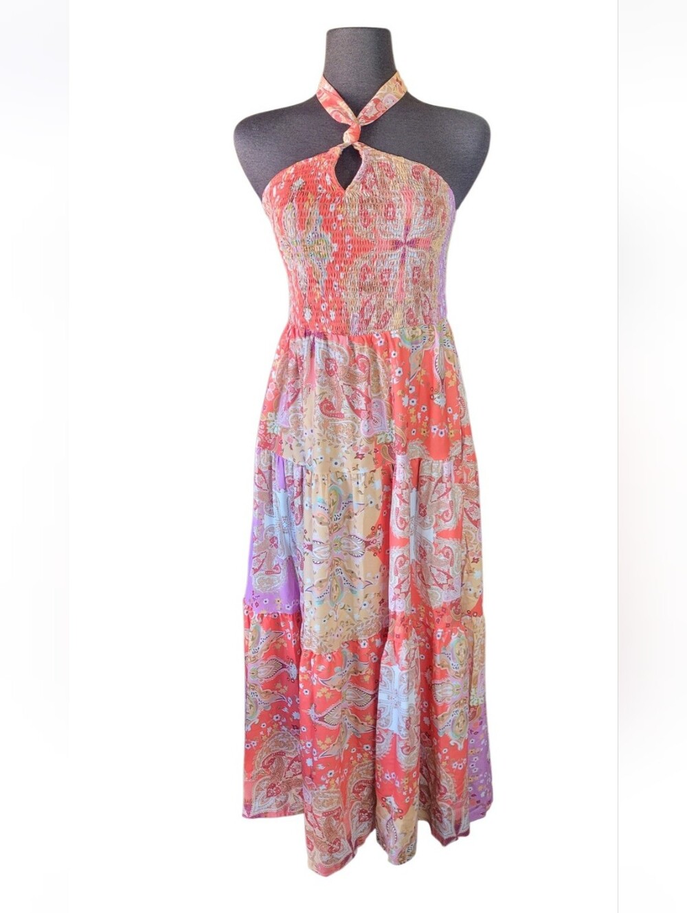 Grace Karin Halter Paisley Maxi Dress in Coral Pink